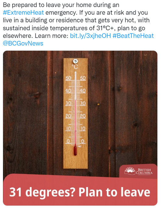 Twitter post of extreme heat information