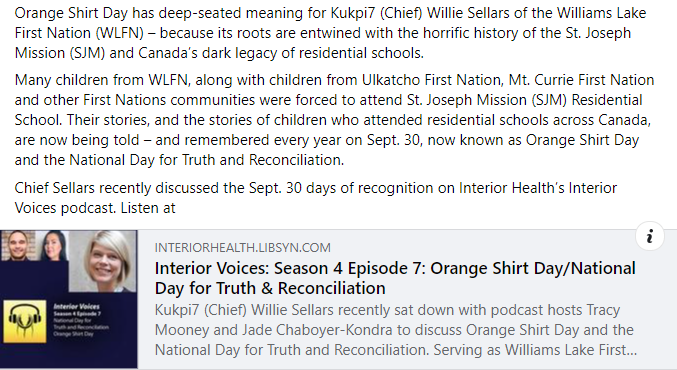 Facebook post about Orange Shirt Day podcast