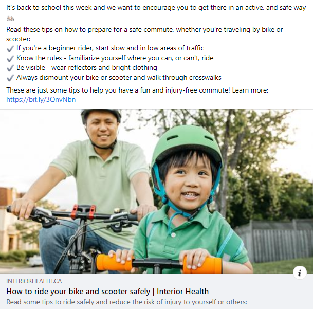 Facebook post about bike and scooter safety