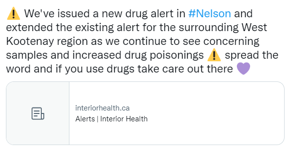 Twitter post about a toxic drug alert for Nelson and the West Kootenays