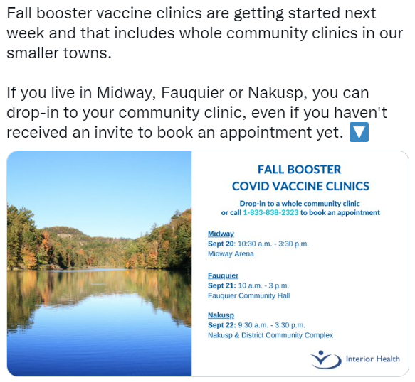 Tweet about upcoming COVID immunization clinics