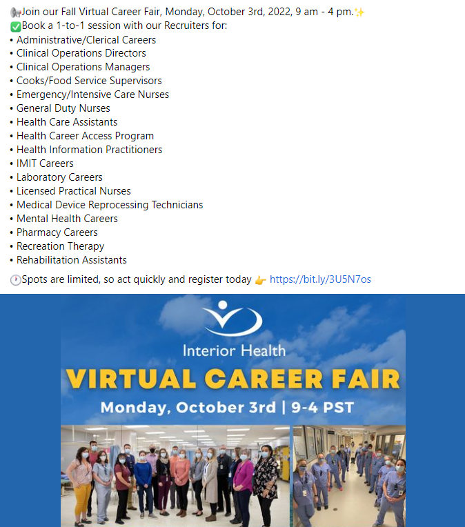Facebook post about IH virtual career fair