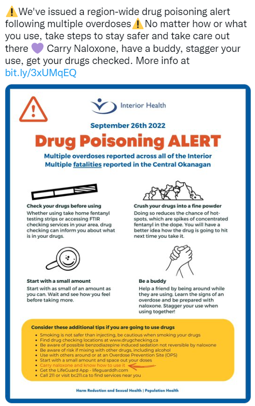 Tweet about Central Okanagan drug alert