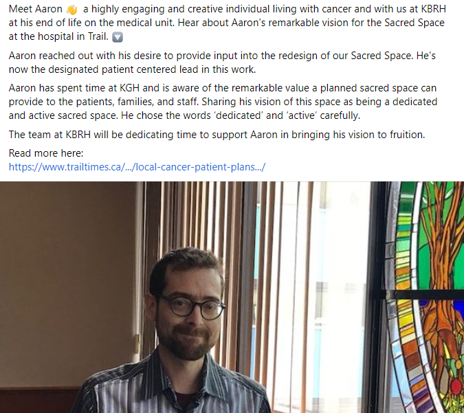 Facebook post about KBRH Sacred Space
