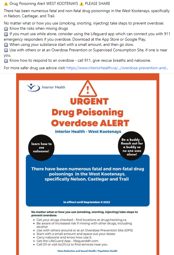 Facebook post about Kootenays Drug Poisoning alert