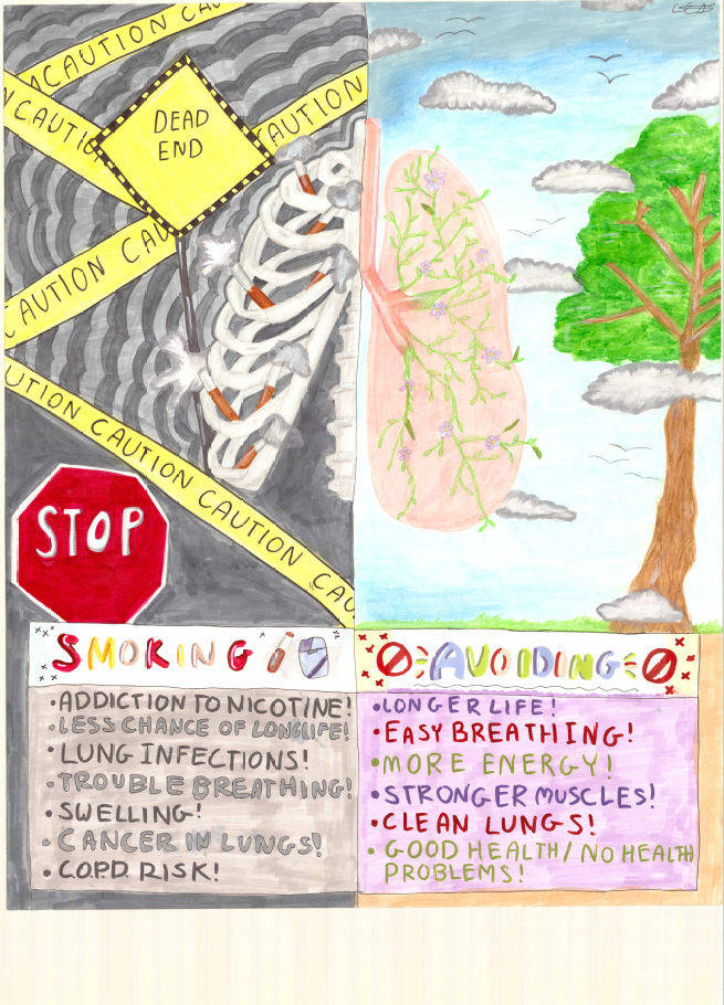 A poster featuring an image on the left of an unhealthy lung with cigarettes in it, a stop sign and a bunch of yellow warning tape. THe right side features a healthy lung and the scene is an outdoor one with a clear sky. The pros and cons of smoking are listed below.