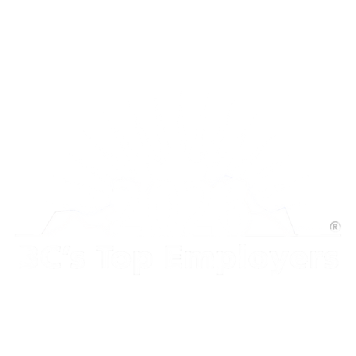 A logo for 2026 BC's Top Employers featuring an illustration of the sun rising from behind green grass, grey mountains and a white maple leaf.