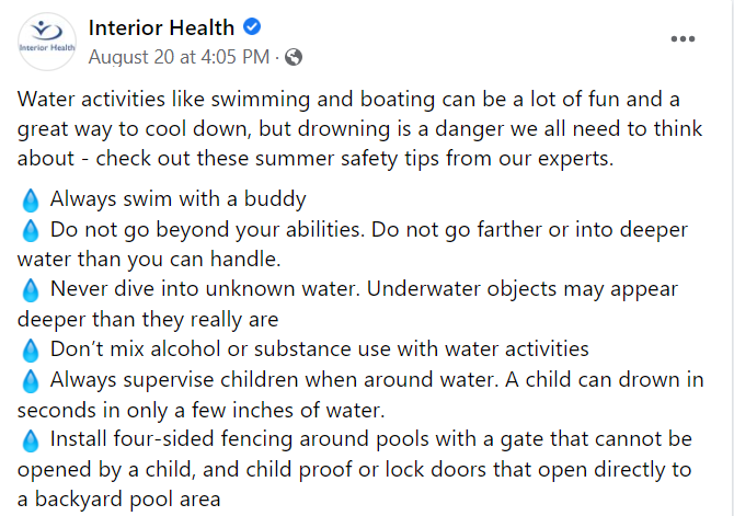 Facebook post of water safety tips