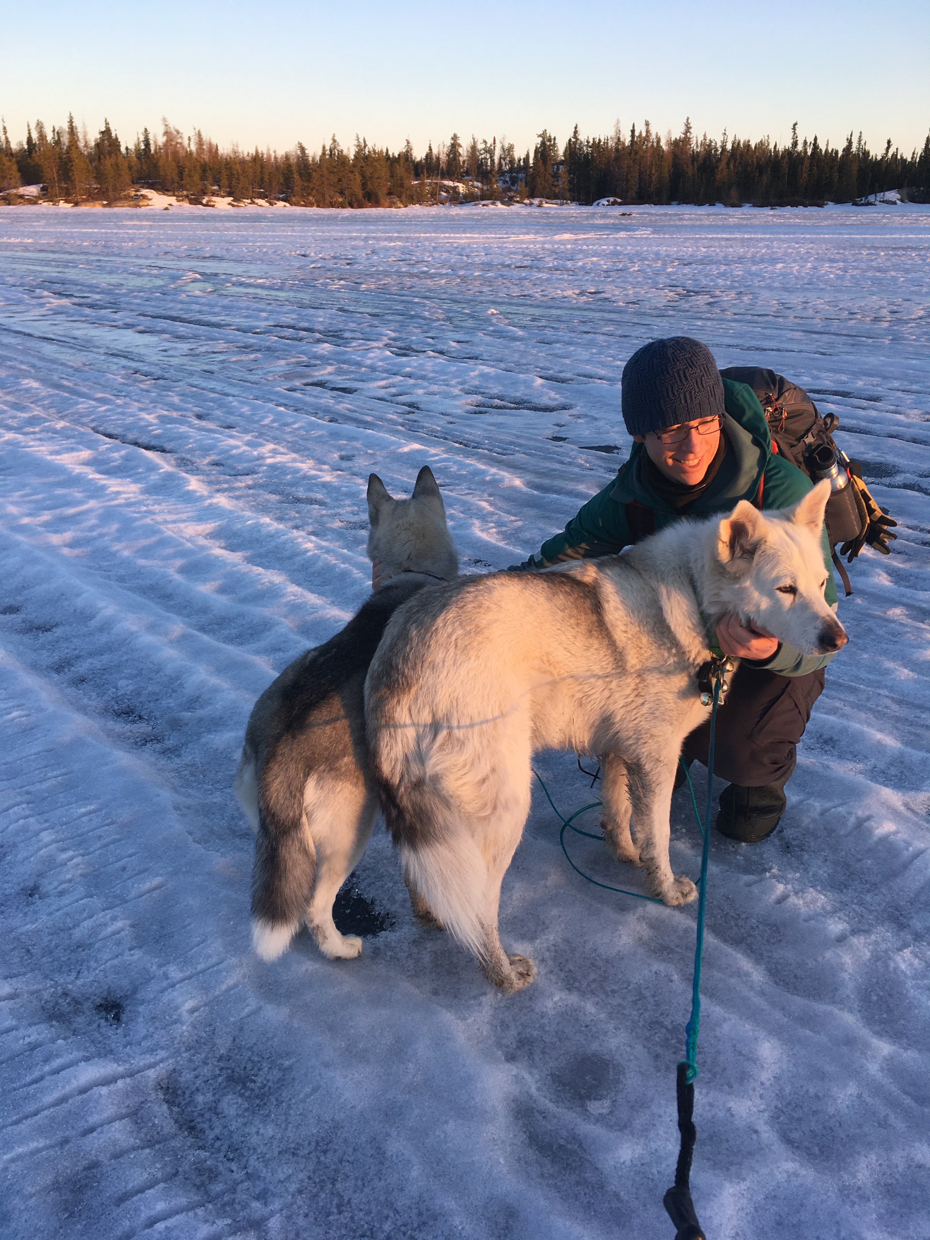 Man in dark beanie kneeling on snow with two dogs