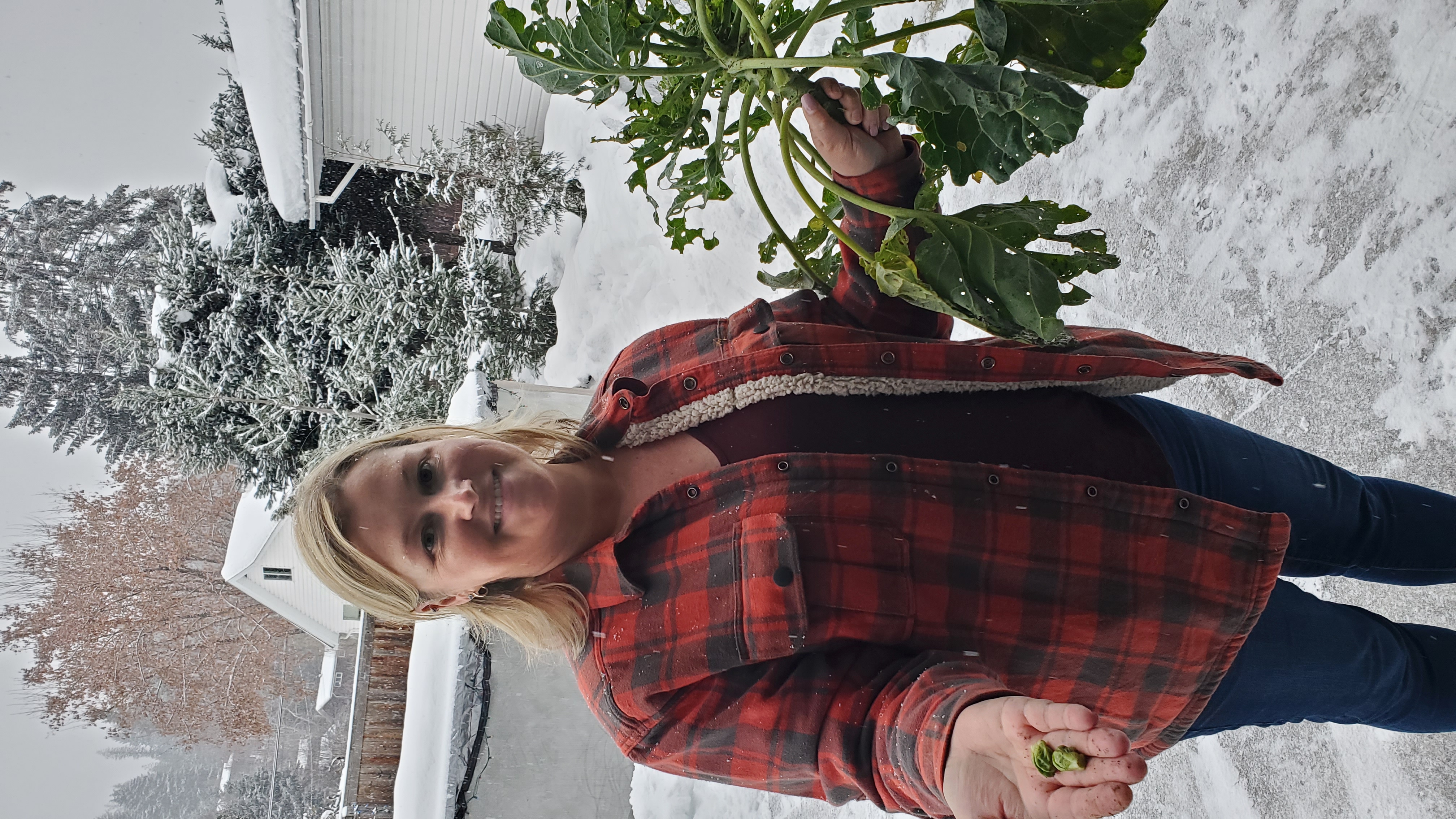 Blonde woman wearing red plaid shirt in winter garden showing failed Brussels sprouts in her hand
