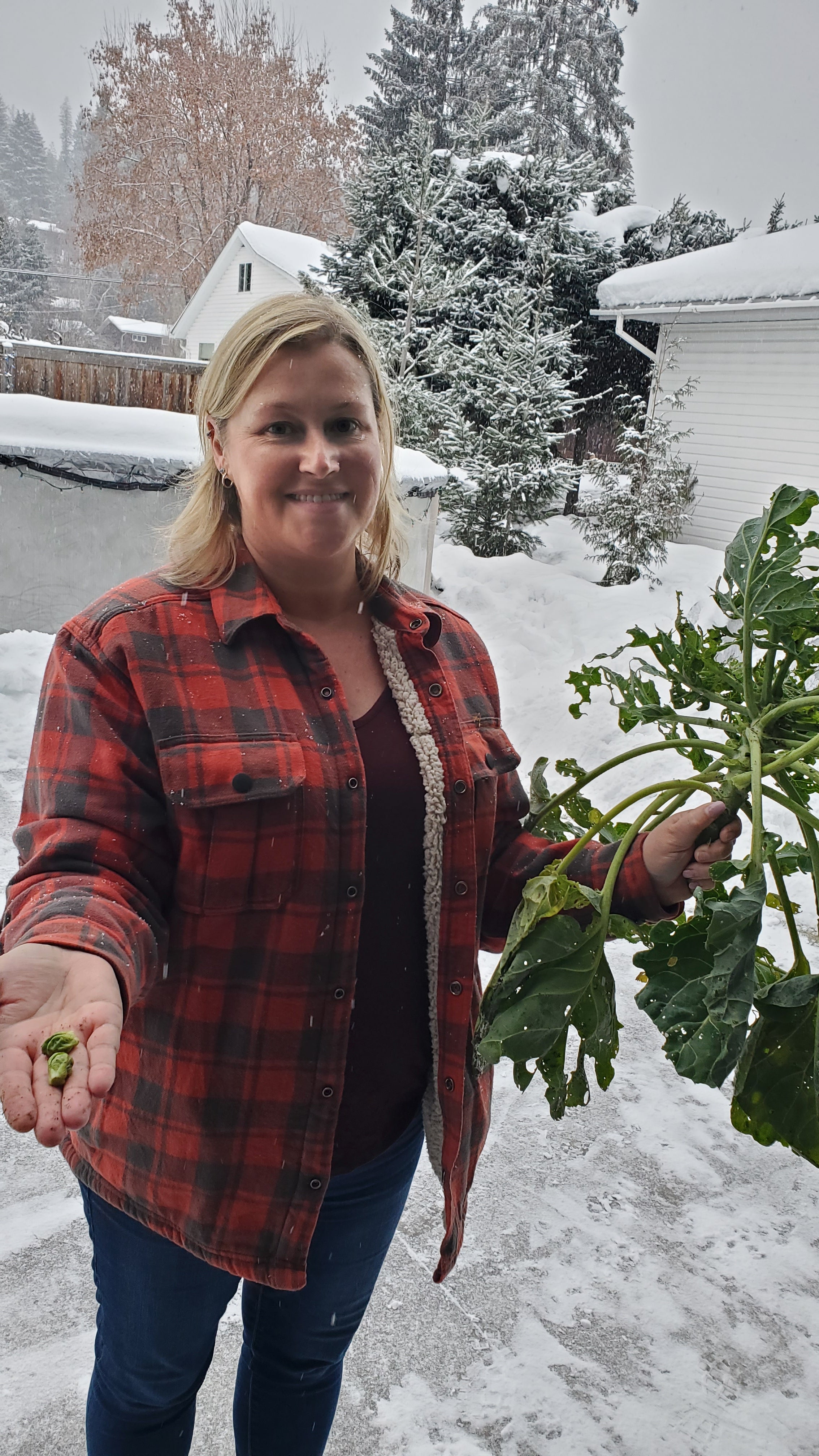 Blonde woman wearing red plaid shirt in winter garden showing failed Brussels sprouts in her hand