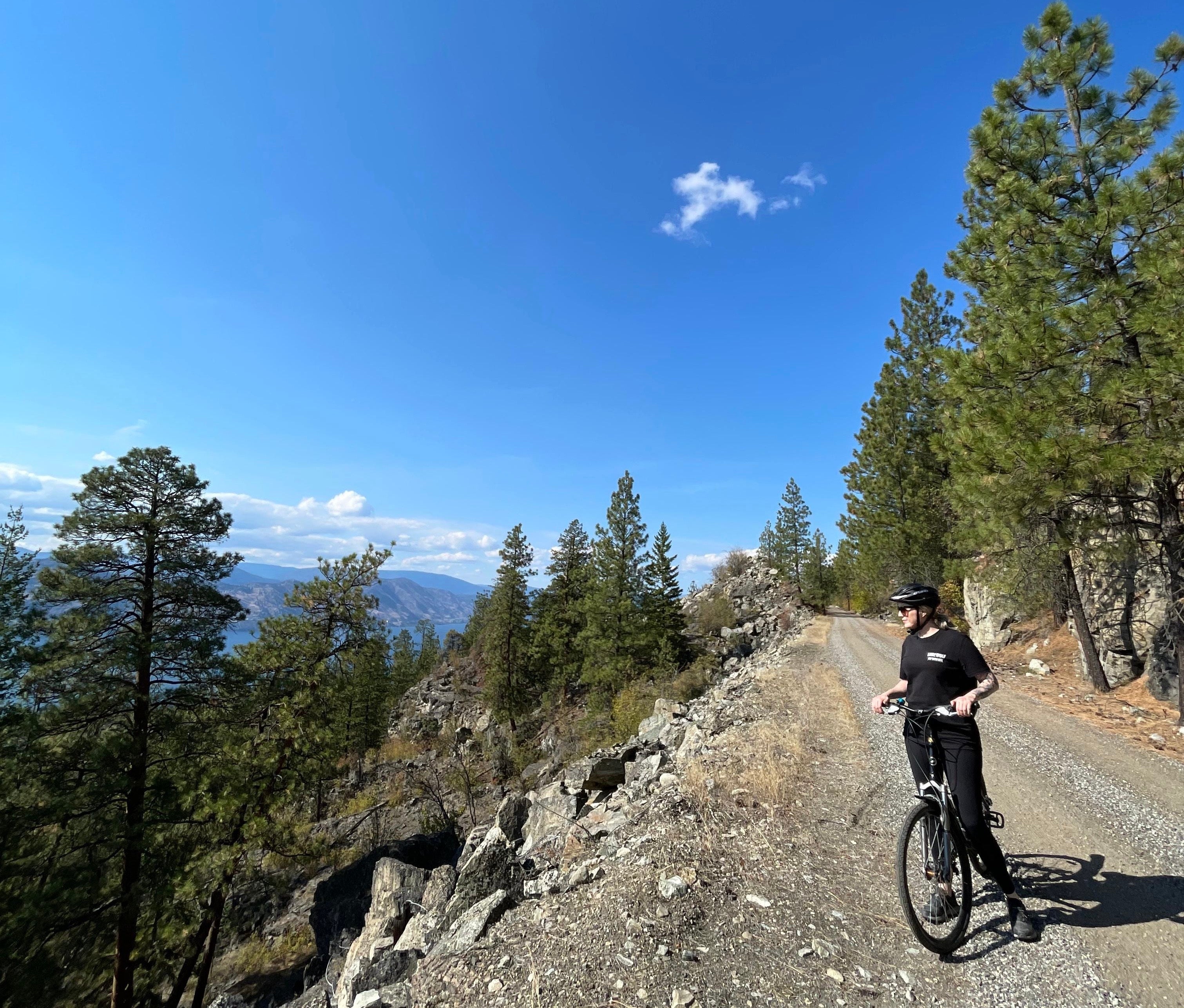 A woman wearing a helmet on a bike overlooking a cliff on a mountain.