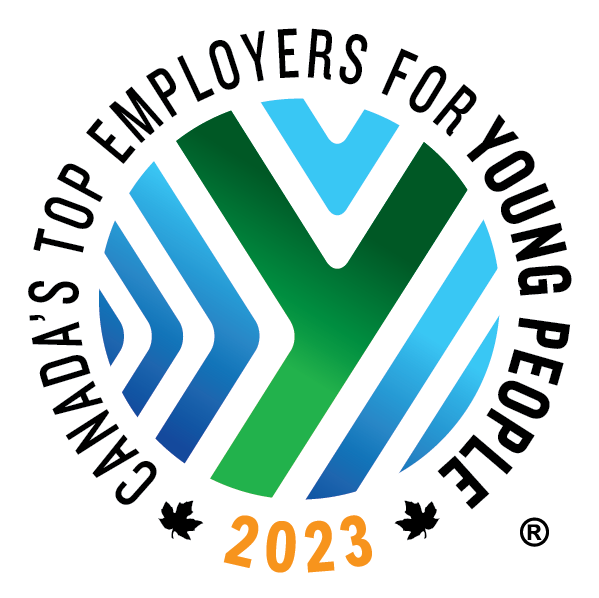 A logo featuring a green letter y in the middle with parallel blue lines surrounding it. Circling the graphic are the words Canada's Top Employers For Young People 2023.