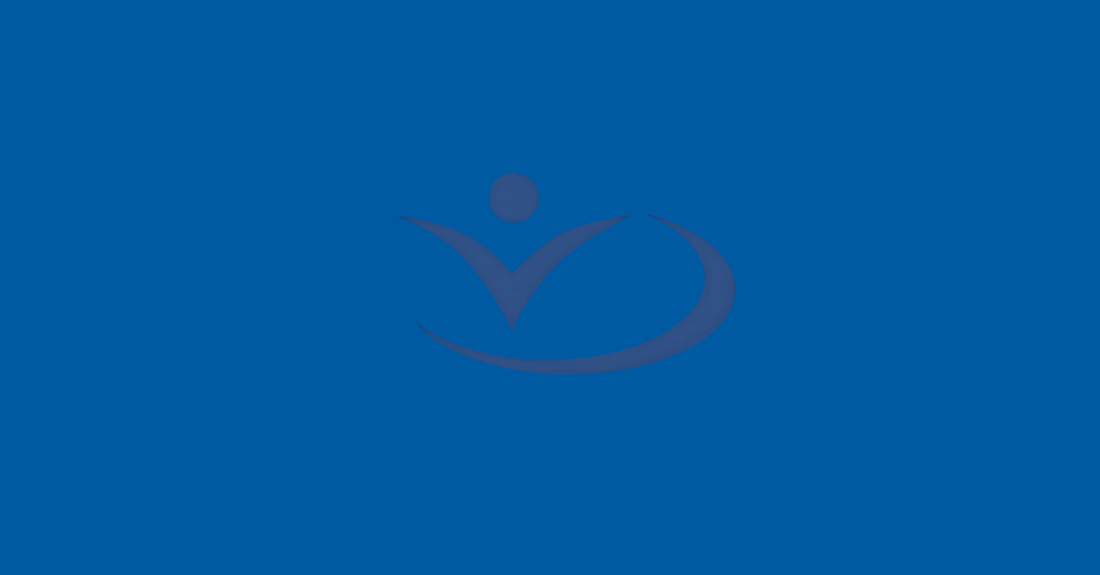 A darker blue logo on a blue background. The logo features a half circle swoop wrapped around a circle on top of an downward curvy triangle.