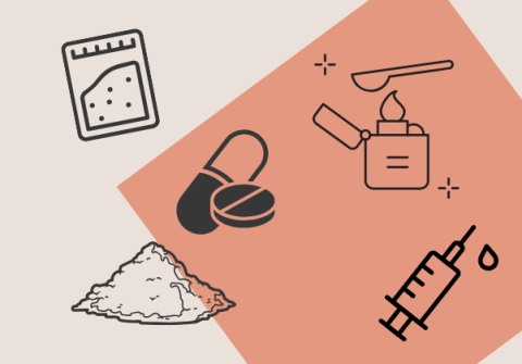 Opioid-related clip art displayed on a rectangular taupe background that also features a peach-coloured square titled at a 45 degree angle to the centre right.