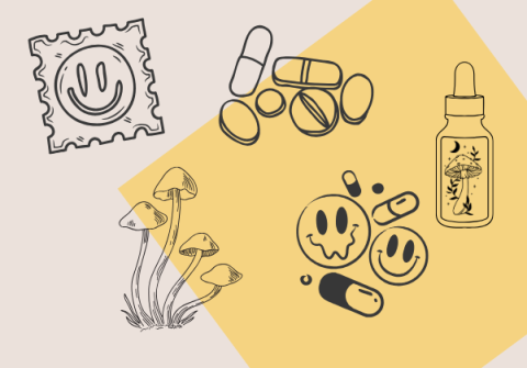 Psychedelic-related clip art displayed on a rectangular taupe background that also features a yellow square titled at a 45 degree angle to the centre right.