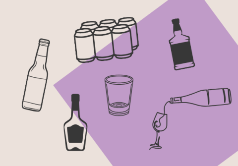 Alcohol-related clip art displayed on a rectangular taupe background that also features a purple square titled at a 45 degree angle to the centre right.