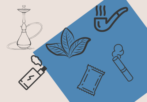 Nicotine-related clip art displayed on a rectangular taupe background that also features a blue square titled at a 45 degree angle to the centre right.