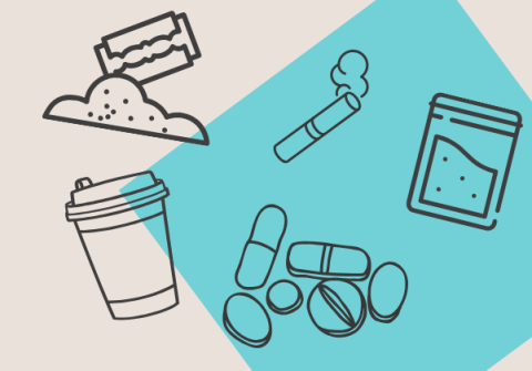 Stimulant-related clip art displayed on a rectangular taupe background that also features an aqua square titled at a 45 degree angle to the centre right.
