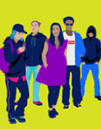 An illustration featuring a group of teenagers standing close together.