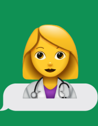 An illustration of a person with blonde hair wearing a white lab coat with a stethoscope around their neck on a white oval image against a green background