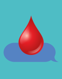 A red drop of blood sits on a blue oval image against a teal background.
