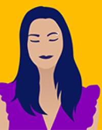 An illustration of a girl with long dark hair and a purple top against an orange background