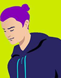 An illustration of a youth with purple hair in a man bun wearing a dark blue hoodie against a lime green background