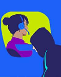 An illustration of a youth in a dark blue hoodie speaking to someone wearing a headset on a lime green and blue background