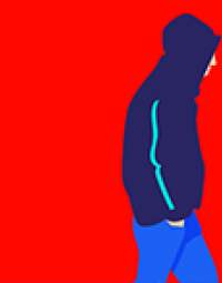 An illustration of a youth in a dark blue hoodie with their hands in their jeans pockets against a red background