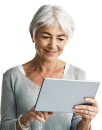 A person with white hair wearing a grey shirt interacts with a grey tablet.