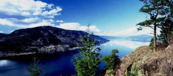 An overhead view of the lake and mountains.