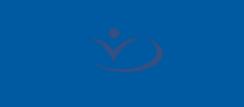 A darker blue logo on a blue background. The logo features a half circle swoop wrapped around a circle on top of an downward curvy triangle.