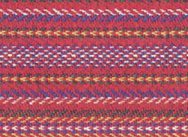 A red fabric with various coloured patterns running through it.