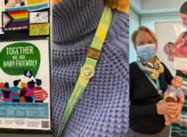 A series of three photos including a poster that says Together we are Baby-Friendly, a person in a blue sweater wearing a yellow lanyard with a pin, and a person wearing a mask and black shirt holding a baby doll in front of a cardboard cut out of a mom and baby