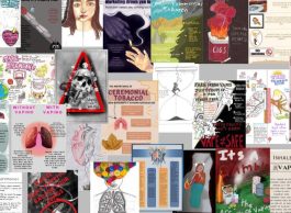 A multi-coloured collage of drawings and illustrations about the dangers of smoking tobacco and cannabis and vaping