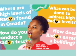 A girl with dark curly hair in a pink shirt holds a pencil to her mouth as she thinks about the answers to four questions about radon