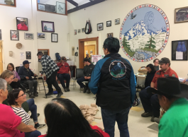 A group of people sitting and standing in a circle in a room with art and paintings on the wall