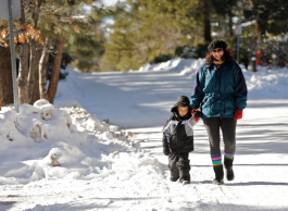a mother and son go on a winter walk on a sunny day