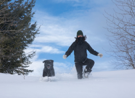 A person in winter clothing high steps through deep snow next to their black dog on a blue sky day.
