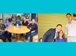  Two images side by side. The left image features a group of women sitting around a circular wooden table. The image on the right features two men who each have one arm around a woman in the middle.
