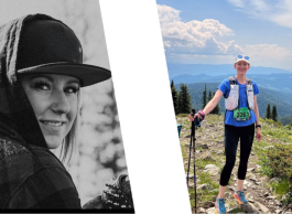 Left: Close-up of a smiling person wearing a hood. Right: A person with race bib number 3625 hiking on a sunny mountain trail.