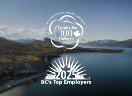 Aerial view of a serene lake beside a forested area with the logos for "Canada's Top 100 Employers 2025 Anniversary Edition" and "2025 BC's Top Employers" superimposed on the image.