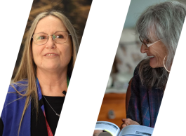 Two people in diagonal frames. The person on the left has long blonde hair, glasses and a blue vest. The person on the right has grey hair, glasses and a dark shirt. They're smiling and looking off to the side.