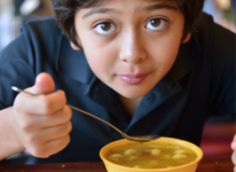 a young person looks to camera while holding a spoon and blowing on hot soup in a yellow bowl. 