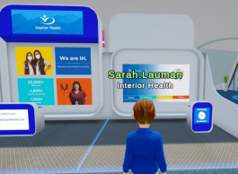 A virtual reality simulation of a person standing in front of an Interior Health booth at a career event.