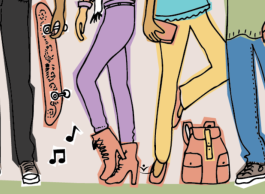 An illustration of legs below the waist. The figures are wearing colourful pants; one has a skateboard, one has a backpack and one has a purse.